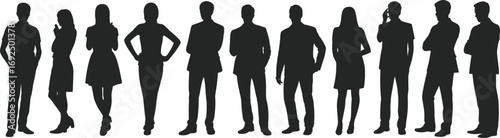 Silhouette of Business People Standing in a Row, Corporate Team Silhouettes, Professional Group, Office Workers on White Background