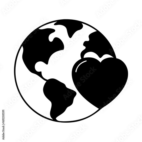 Vector art of world globe with heart symbol of love, care, and concern for the planet and its inhabitants, promoting global unity