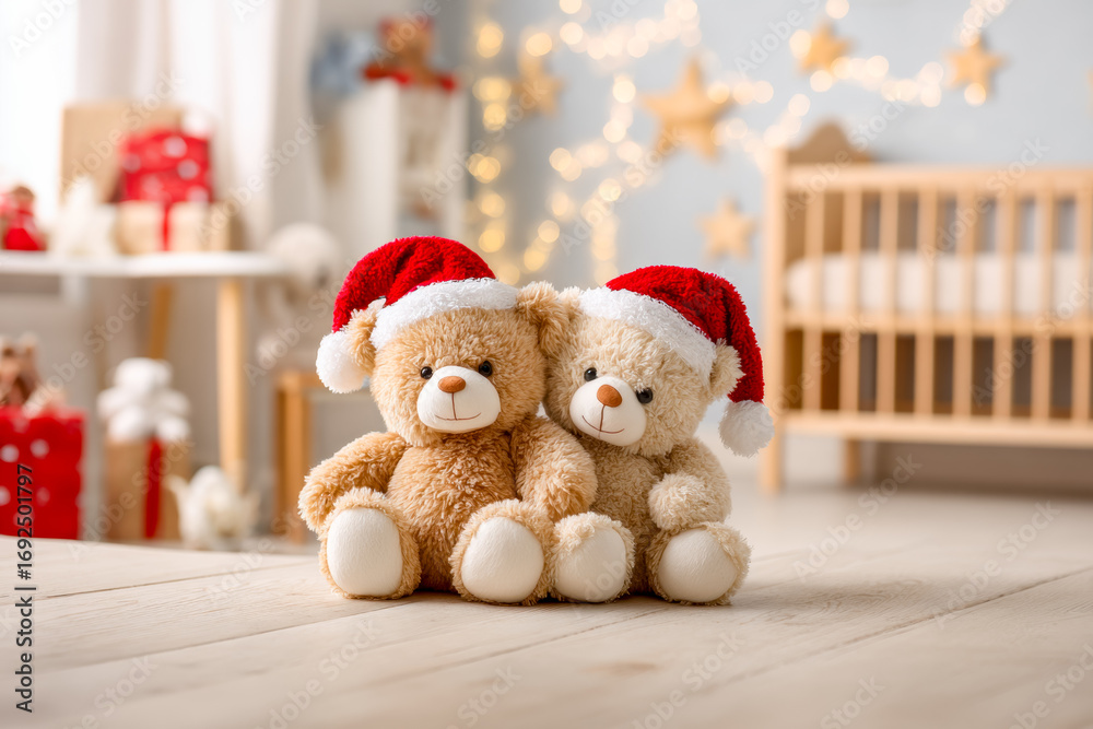 Fototapeta premium Cute teddy bears wearing Santa hats with festive holiday decorations in the background