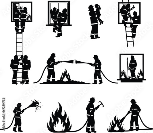 Firefighters rescuing people, extinguishing fires, using hoses, climbing ladders, fire safety, emergency response, teamwork, fire rescue, firemen silhouette, fire department, firefighting gear, fire h