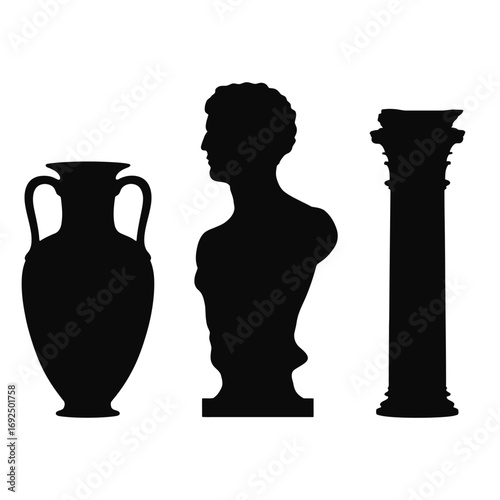 Classical ancient greek roman silhouettes of amphora bust and column for design silhouette vector illustration white background