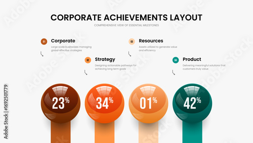 Simple Plan Four Element Infographic Slide Layout. Professional Profile 4 Step Graph Presentation Template. Sales Briefing Frame Design Vector Illustration.
