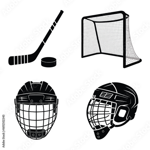 Hockey equipment silhouettes featuring net stick puck and helmets for sports design silhouette vector illustration white background