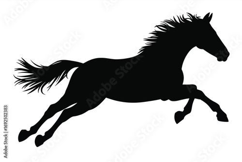 Dynamic black silhouette of a galloping horse in full stride capturing movement silhouette vector illustration white background