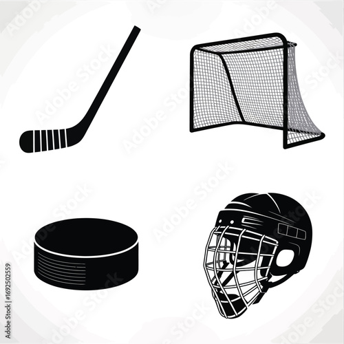 Ice hockey equipment icons featuring stick puck net and goalie helmet minimalist design silhouette vector illustration white background