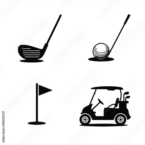 Minimalist golf icons silhouette set golf club ball cart flag for sports and leisure silhouette vector illustration white background