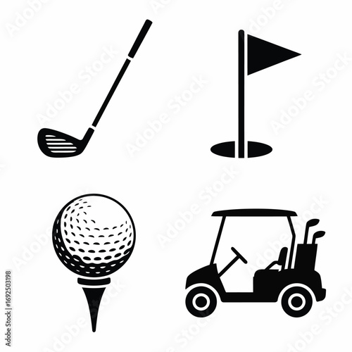 Set of minimalist black silhouettes representing golf equipment and icons for sport silhouette vector illustration white background