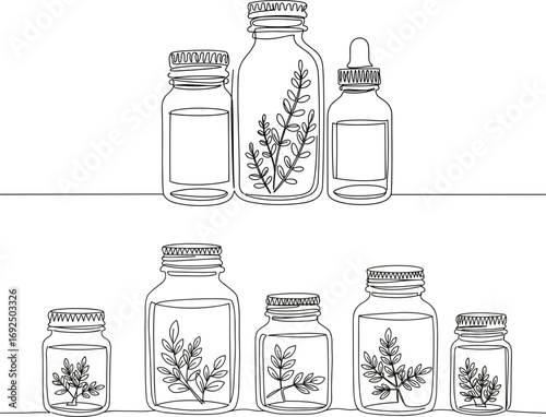 Monoline style jars and bottles with herbal illustrations on transparent background  