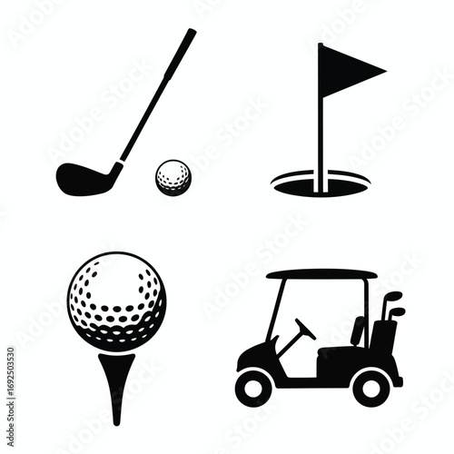 Minimalist golf icons set featuring club ball tee golf cart and hole flag silhouette vector illustration white background