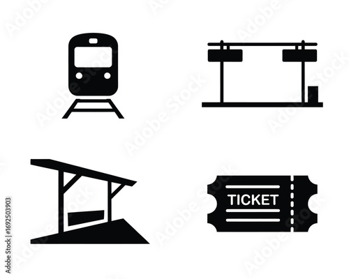Minimalist train station icons set transportation travel symbols for design projects silhouette vector illustration white background