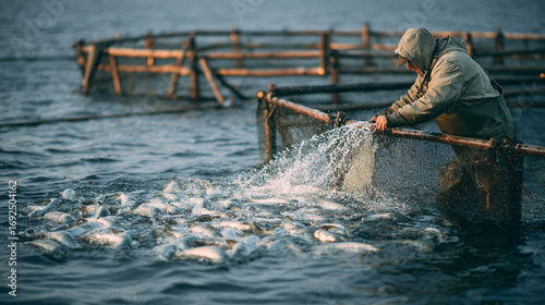A fish farmer is harvesting fish in open water, using a large net to catch a school of fish swimming together in the wild