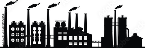 Industrial factory silhouette with smoke chimneys vector, black refinery building illustration, energy production, heavy industry structure, power plant architecture design