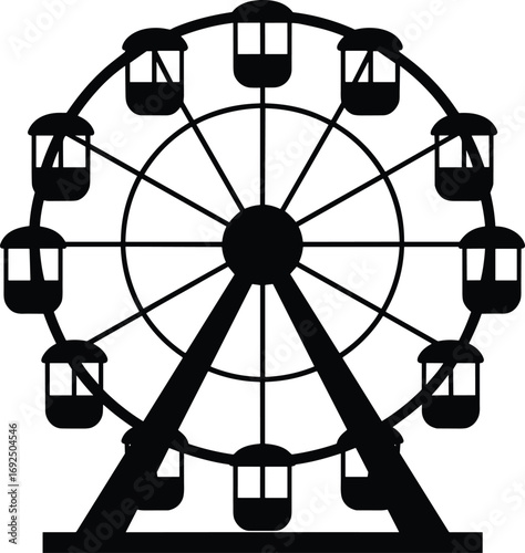Ferris wheel silhouette with gondolas, amusement park ride, carnival attraction, outdoor fun, entertainment icon, fairground, recreation, festival, family fun, leisure
