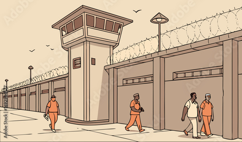 A wide jail yard surrounded by high concrete walls topped with barbed wire, prisoners in orange and white uniforms walking or exercising in groups, armed guards in watchtowers observing. Add realistic