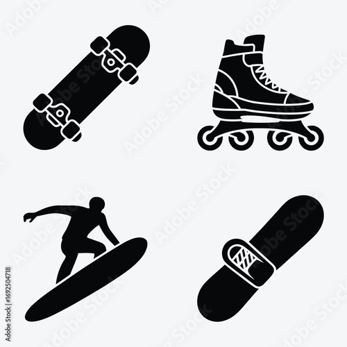Diverse sports silhouettes skateboard rollerblade surfboard snowboard icons for action sports silhouette vector illustration white background