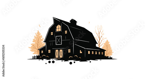 Cozy, rustic barn illuminated at dusk with warm lights glowing from windows.