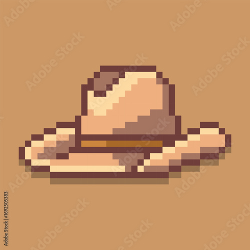 A Classic cowboy hat designed in a detailed retro pixel art style. This 8-bit illustration of a western-style hat is a perfect symbol for the wild west, country life, and adventure