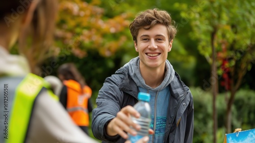 Young Volunteer Smiling While Handing Water Bottle to Friend Outdoors