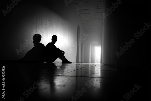 Wallpaper Mural Two figures sit on a dark floor in a dimly lit hallway.  A shaft of light shines from the end of the corridor Torontodigital.ca