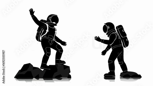 Two astronauts in space suits one standing on rocks and the other reaching out on a white background | editable eps vectors silhouette