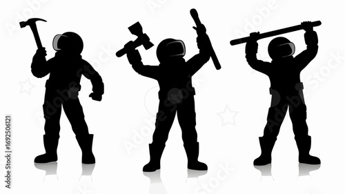 Three silhouetted figures in helmets holding tools including hammer axe and pipe in a white background | editable eps vectors