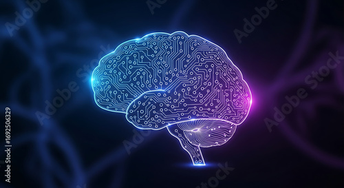 Digital brain with circuit board pattern glowing in blue and purple on a dark background design concept