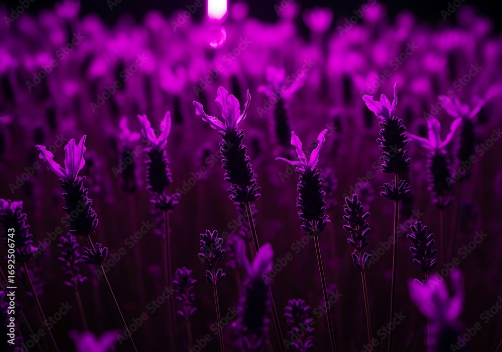 Naklejka premium Mystical Purple Lavender Field: A dreamy landscape of blooms bathed in ethereal magenta light, creating a serene and