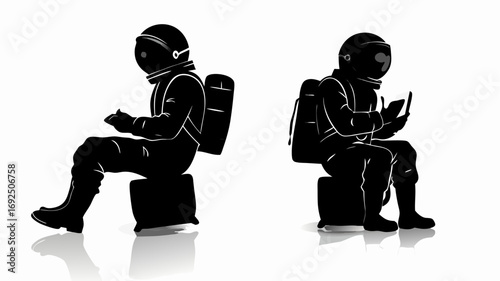 Two astronauts in black suits sitting on boxes one using a tablet and the other typing on something small | editable eps vectors silhouette