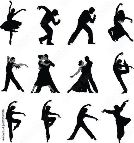 Silhouettes of dancers performing ballet, hip hop, tango, contemporary, expressive dance moves, artistic poses, stage performance, elegance, passion, movement, rhythm, dance styles