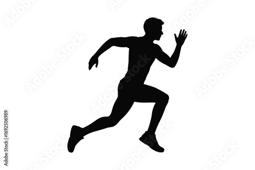 Dynamic black silhouette of a male runner in full stride captured in motion silhouette vector illustration white background