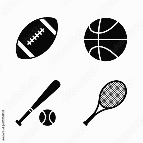 Diverse sports equipment icons football basketball baseball tennis racquet ball set silhouette vector illustration white background