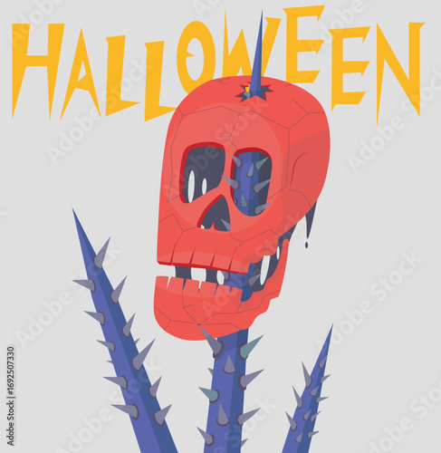 Vector illustration of a Halloween poster featuring a red skull stabbed by a sharp spike spear. Scary and spooky design suitable for Halloween party posters, light backgrounds.