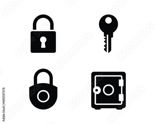 Minimalist icons set black silhouettes of padlocks key and safe for security concepts silhouette vector illustration white background