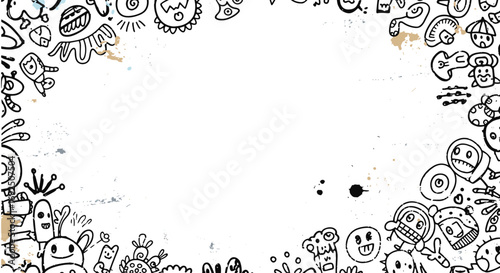 Illustration of a frame filled with various cartoon doodle characters