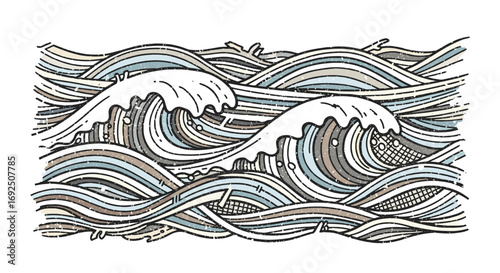 Illustration of stylized ocean waves with white caps and line details