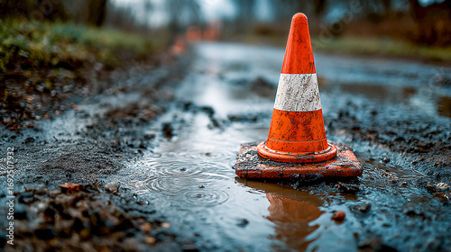An orange traffic cone with a white stripe in the center of attention. It is standing on a wet, dirty surface, in the middle of a puddle. A repair or emergency area on the street.