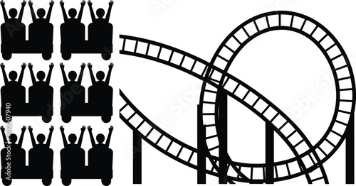 Roller coaster ride silhouette with excited people, amusement park attraction, thrill seekers enjoying loop track, high-speed adventure, theme park fun