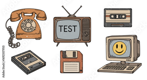Retro technology collage featuring a telephone, tv, and computer items