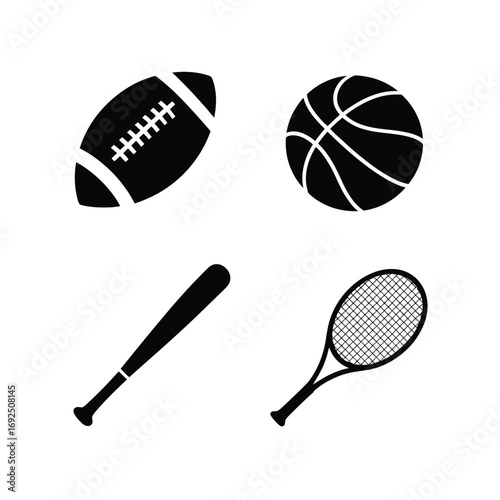 Collection of four distinct sports equipment icons silhouette designs for digital use silhouette vector illustration white background