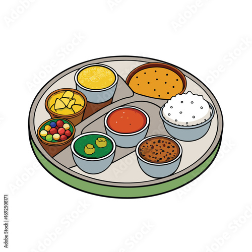Traditional indian thali meal featuring assorted curries served alongside fluffy rice on a decorative plate