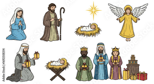 Nativity scene featuring mary joseph baby jesus three kings and angel