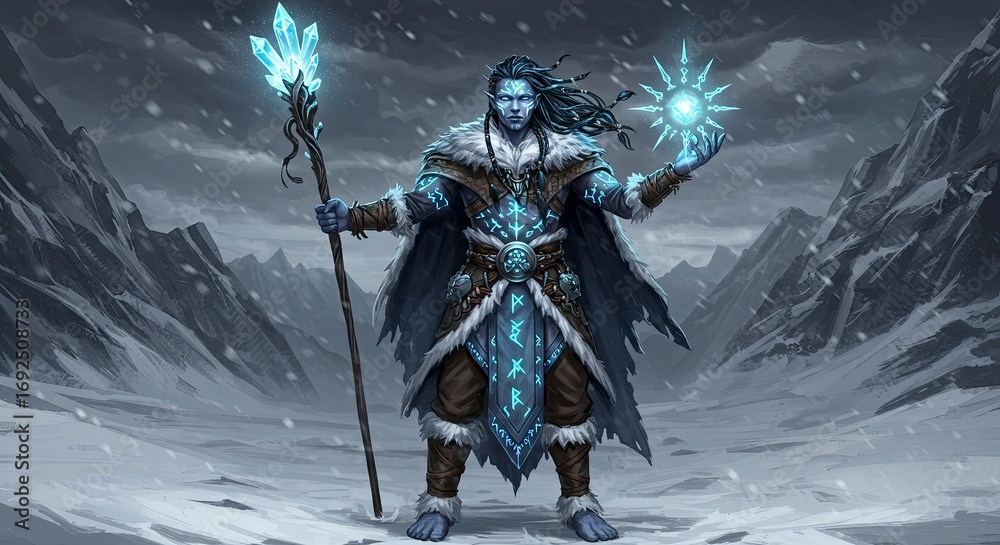 Naklejka premium Ice Elf Wizard Conjuring Magic in Snowy Mountain Landscape Illustration