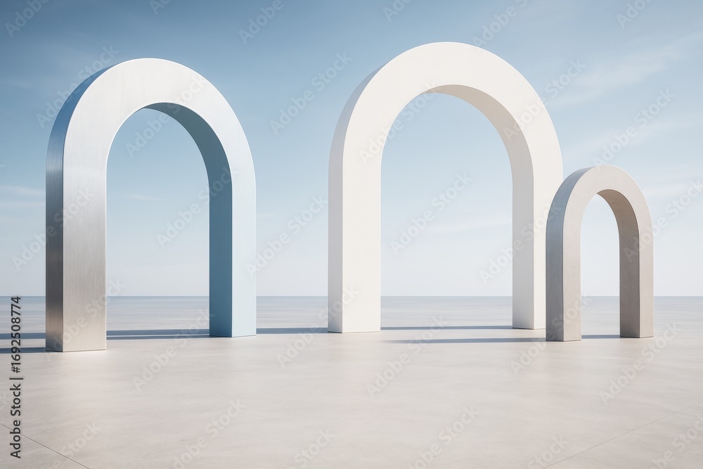 Fototapeta premium Minimal abstract architecture scene with three large modern arch structures casting shadows on concrete with clear blue sky background. Ai generative