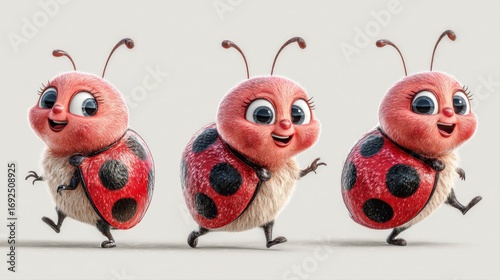 Endearing Ladybug Character with Exaggerated Features in Playful Poses
