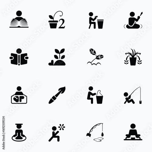 Bundle of 12 hobby and leisure icons featuring people engaged in various activities silhouette vector illustration white background