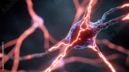 Abstract representation of human neuron cells glowing with vibrant energy and connected by intricate strands showcasing advanced scientific concepts in neuroscience