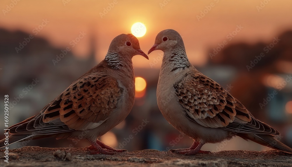 Fototapeta premium Two doves forming heart shape with sunrise in the background, love and peace symbolism