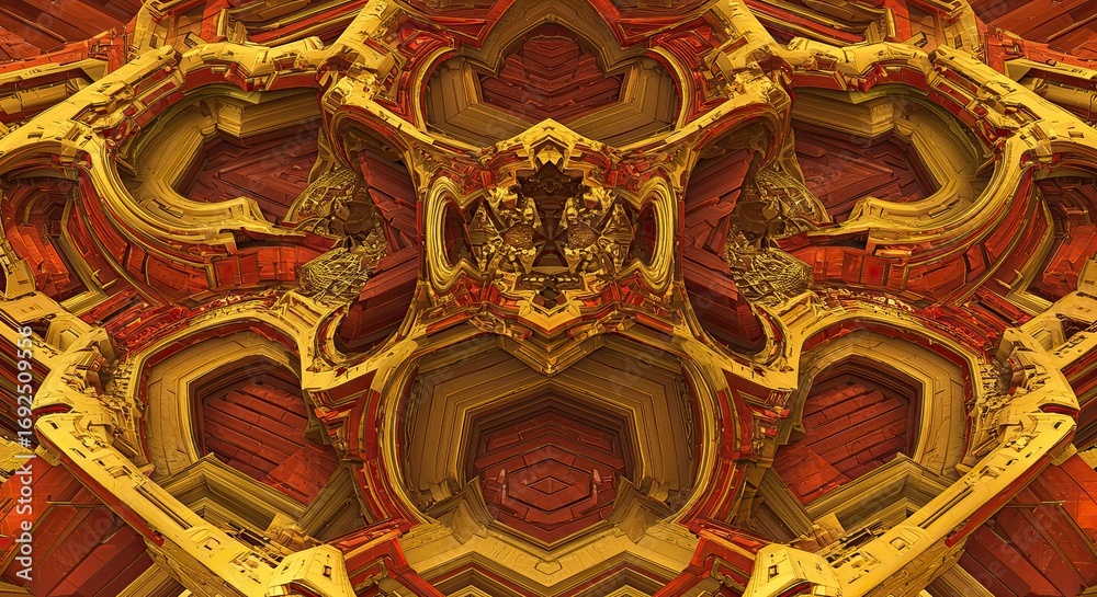 Obraz premium Intricate Golden Fractal Architecture: Geometric Symmetry and Abstract Design