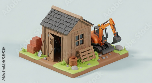 Construction site with excavator and shed building illustration for construction work concept design