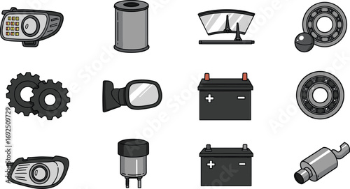 Vector illustration of car parts including battery, gears, filters, lights, mirrors, and bearings, perfect for repair, garage, automotive, or mechanical designs